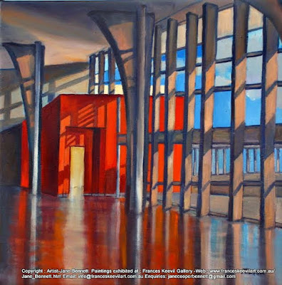 plein air oil painting of interior of now demolished cruise ship terminal Wharf 8 at Barangaroo by industrial heritage and marine artist Jane Bennett